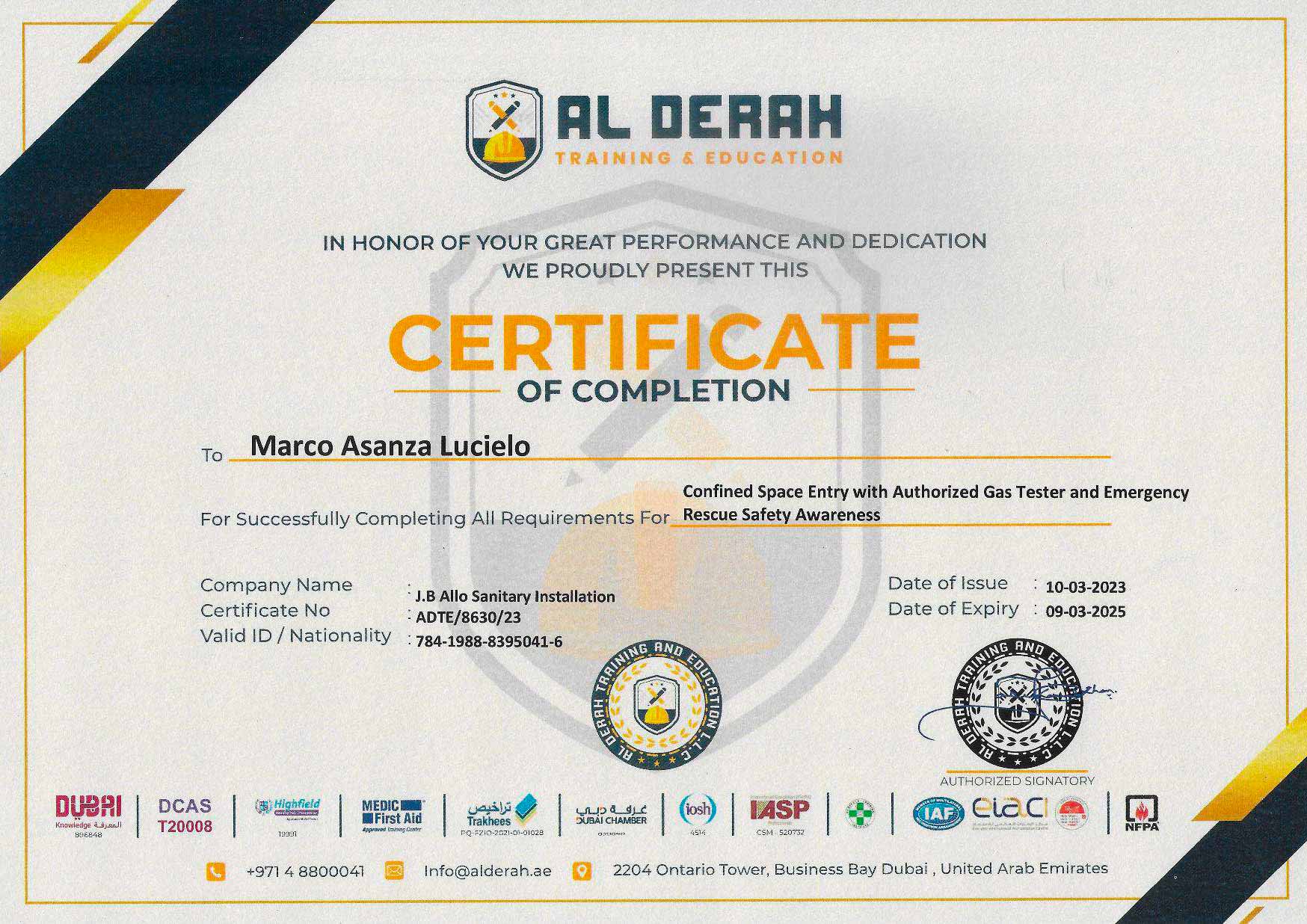Certificate of Completion Confined Space Entry Gas Testing - JB Allo Sewage - 2025