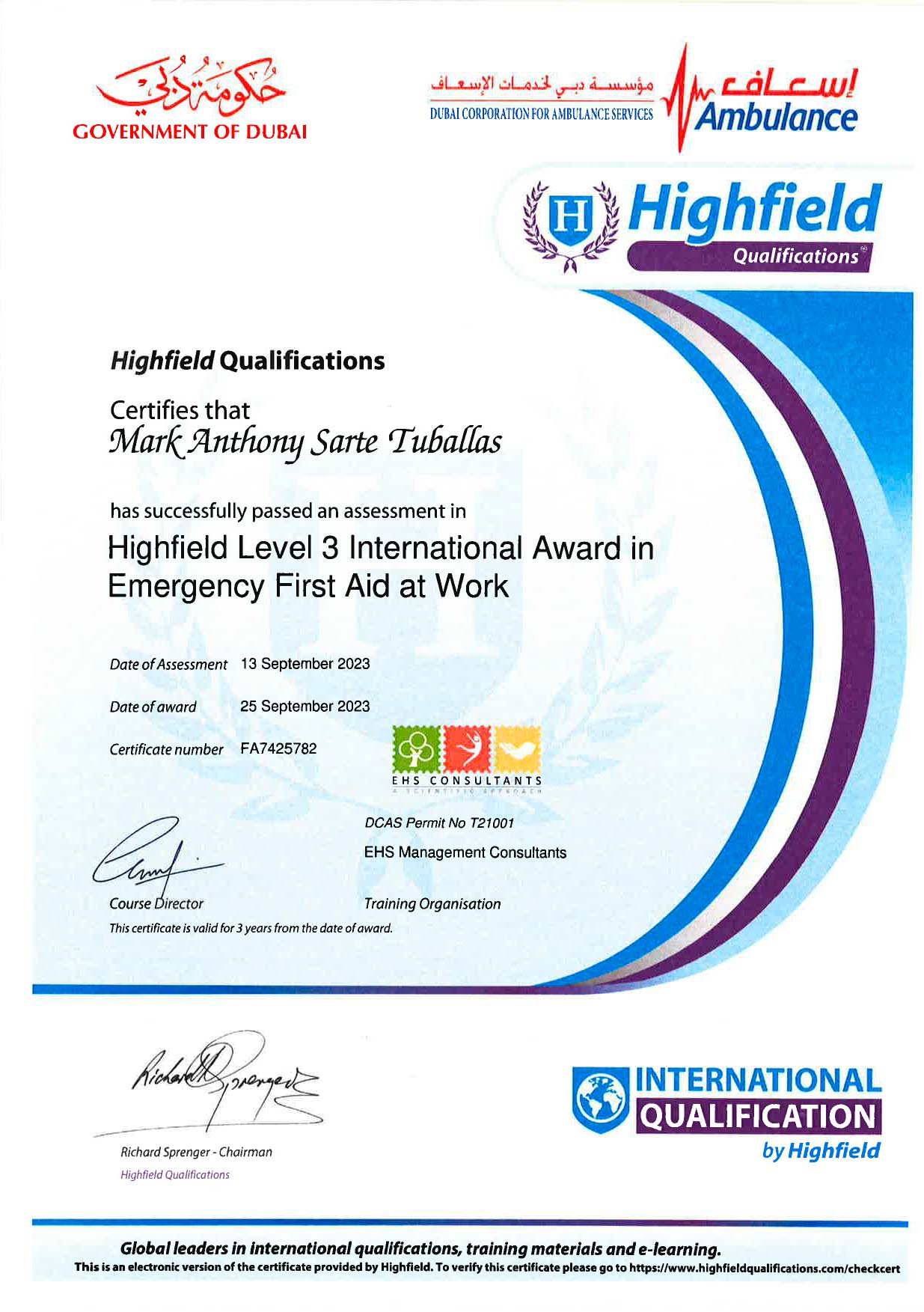 Certifications 1 FIRST AID Certification - JB Allo Sewage - 2026